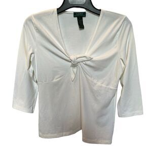 Lauren Women's 3/4 Sleeve V neck with twist Blouse White Size Large